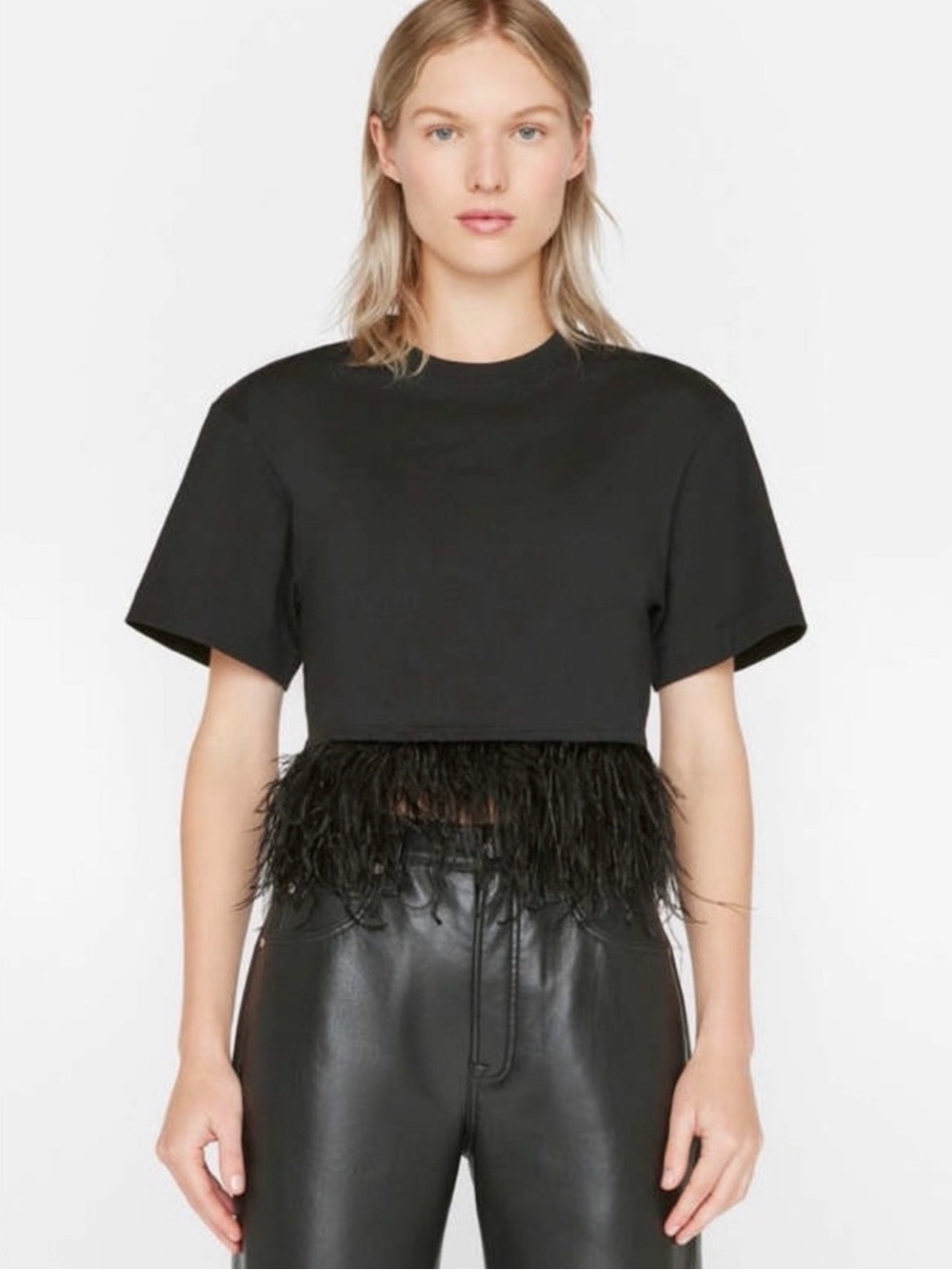 Frame Denim Black Feather-Trim Cropped Tee